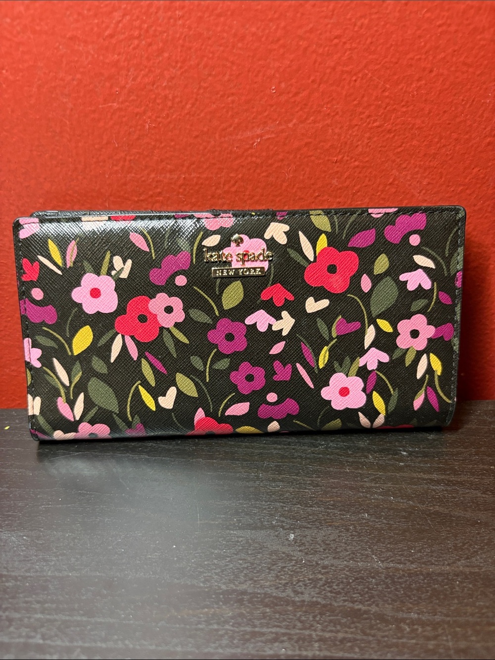 kate spade Black Floral Slim Continental Wallet with Pink & Red Blooms